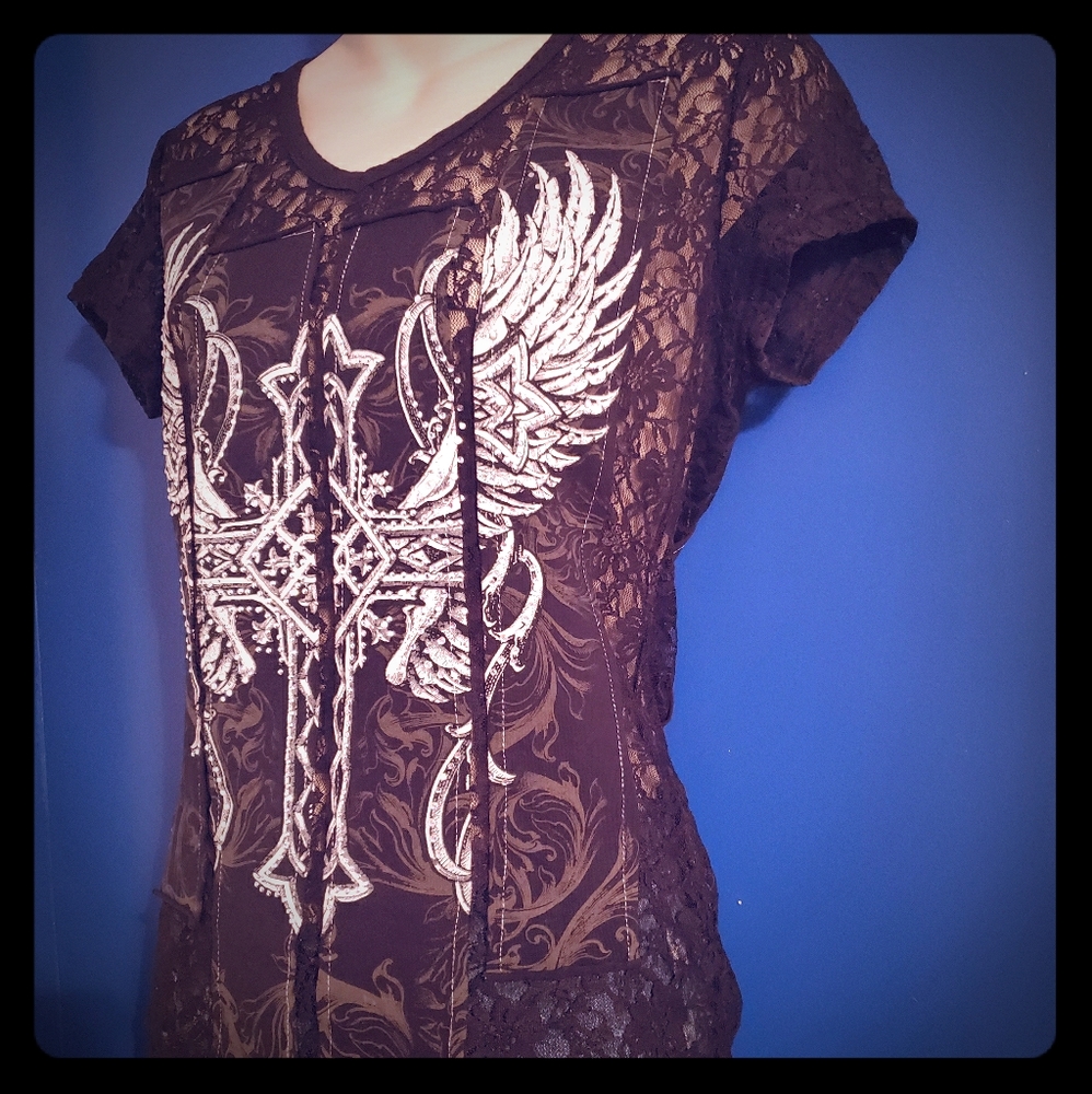 Lace with bling wings and cross on panels